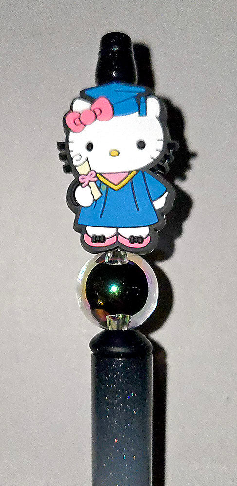 White Kitty Graduate with diploma for Graduation. Focal bead for beadable pens, keychains and crafts