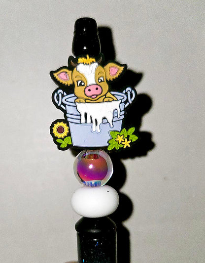 Baby Cow calf in a bucket of milk sunflowers Focal bead for beadable pens, keychains and crafts FARM