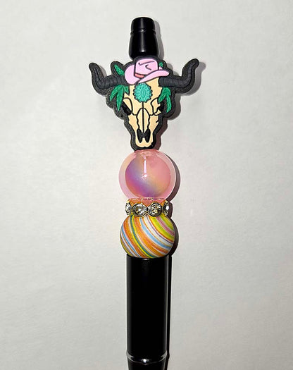 Bull Cow Skull pink Cowgirl hat Focal bead for beadable pens, keychains cute Western cowboy