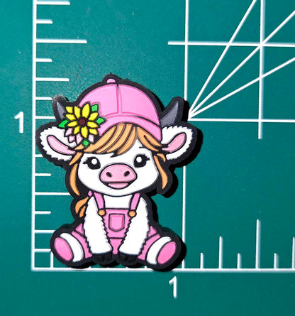 White Cow calf goat Pink overalls Pink hat sunflower Focal bead for beadable pens, keychains and crafts FARM country